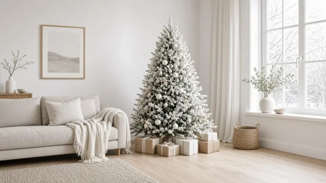 Sapin de Noël style Blanc Neige dans un intérieur : salon scandinave