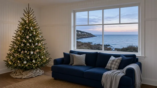 Sapin de Noël style Bleu & Or dans un intérieur : maison bretonne