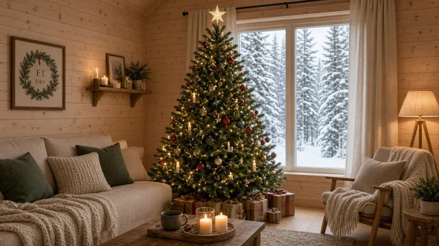 Sapin de Noël style Forêt Nature Scandinave dans un intérieur : cabane en bois