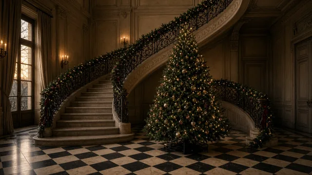 Sapin de Noël style Nœuds Rouges XXL dans un intérieur : pied d’escalier