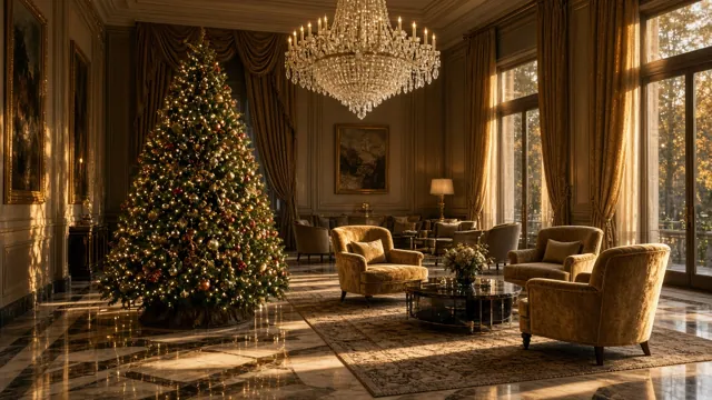 Sapin de Noël style Or & Champagne dans un intérieur : grand salon
