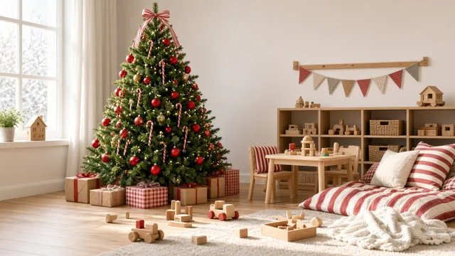 Sapin de Noël style Rouge & Blanc dans un intérieur : salle de jeux