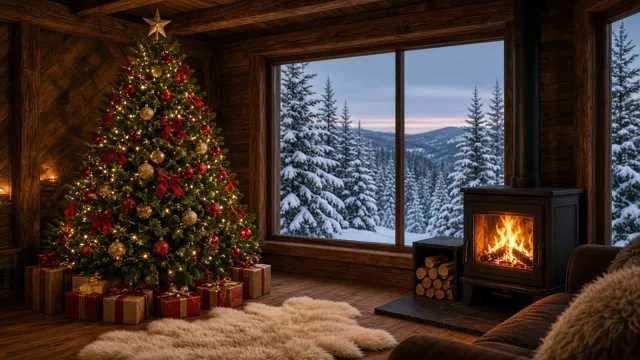 Sapin de Noël style Rouge & Or dans un intérieur : chalet de montagne
