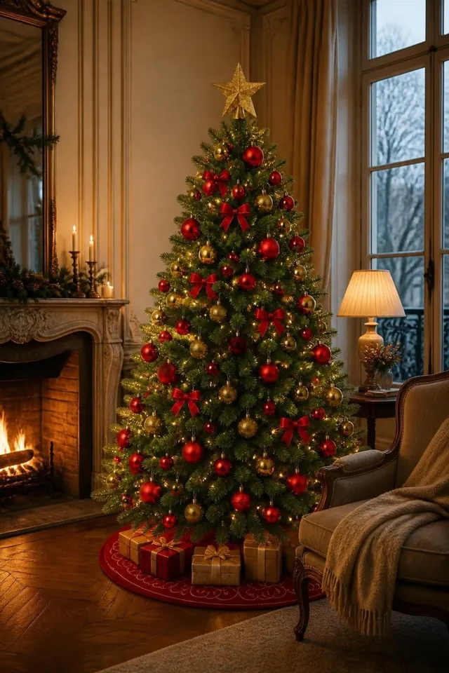 Sapin de Noël style Rouge & Or dans un intérieur : salon à cheminée