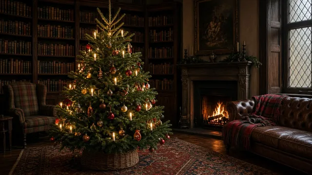 Sapin de Noël style Tartan Chic dans un intérieur : bibliothèque