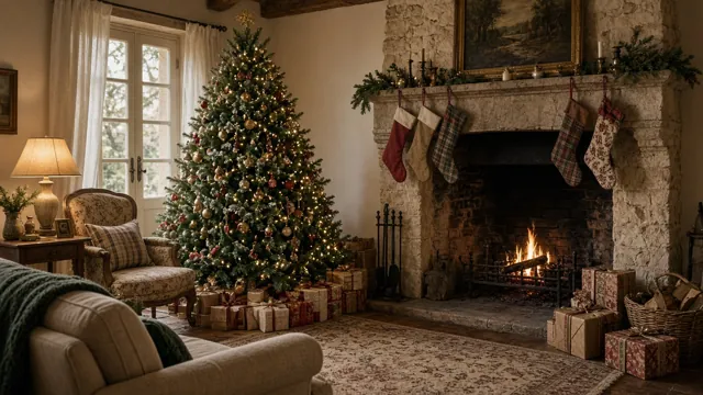 Sapin de Noël style Tradition Rouge, Vert & Or dans un intérieur : cheminée de famille